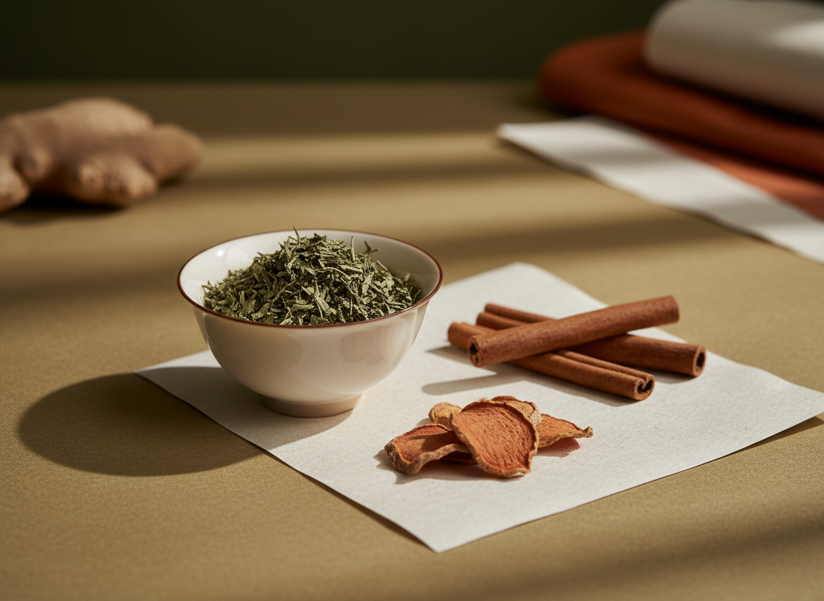 干燥的中药材、素雅的陶瓷茶碗与自然纸张，柔和自然光下的宁静静物