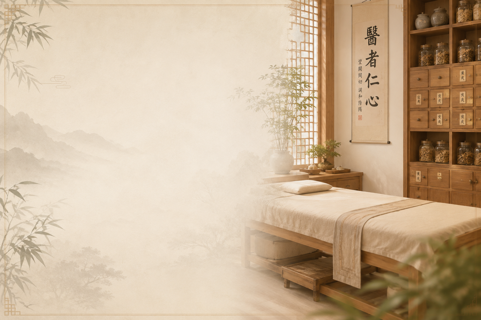 TCM clinic — serene treatment room with bamboo and a calligraphy scroll
