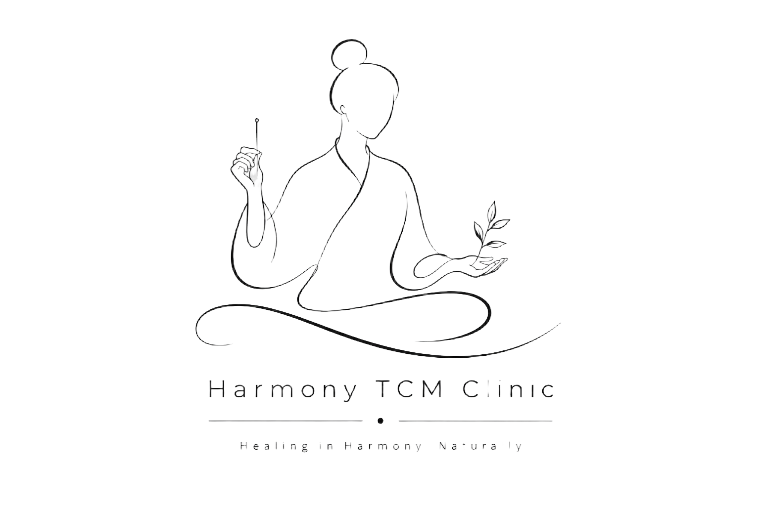 Remove the white background from this logo image, making it transparent. Keep all the black line art exactly as-is — the meditating figure, acupuncture needle, plant, and "Harmony TCM Clinic / Healing in Harmony, Naturally" text. Output as PNG with transparent background.